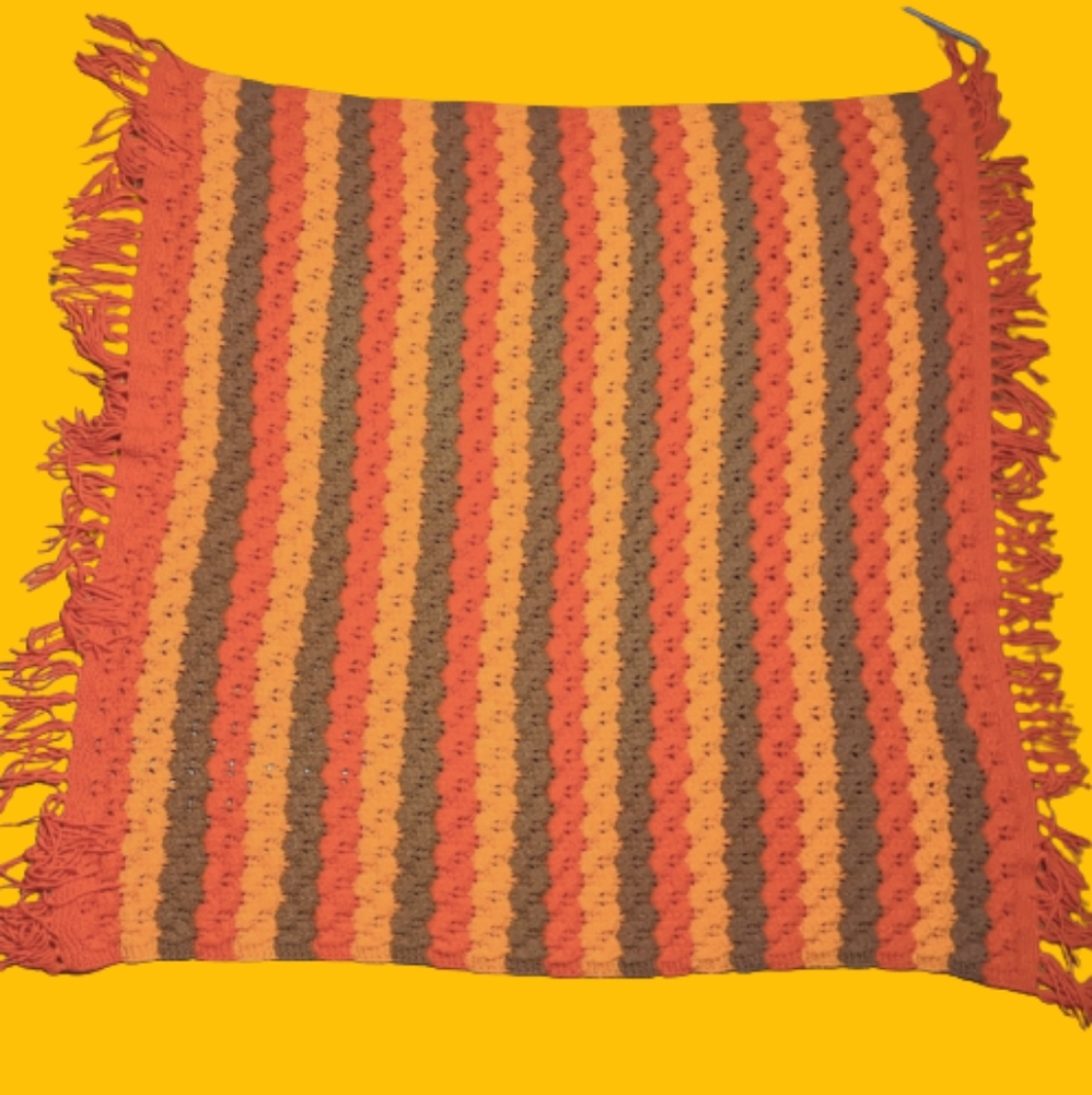 Vintage Crocheted Throw Blanket Striped Afghan 70s Fall Colors Red Orange Green